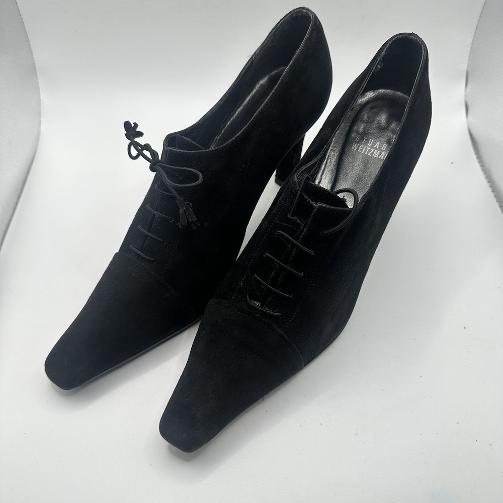 STUART WEITZMAN High Heeled Tie Wing Tip Black Suede Witchy Goth Shoes SZ 8.5